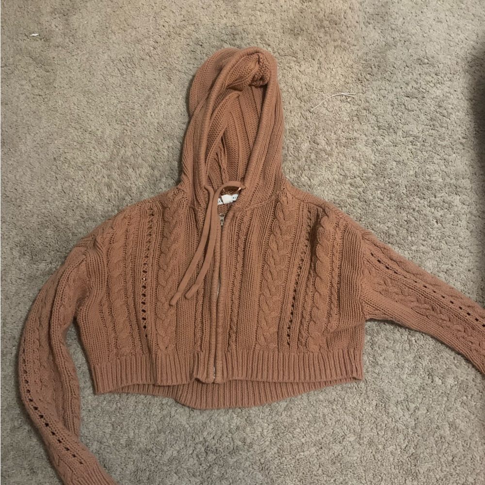 Brown knit crop zip up hoodie